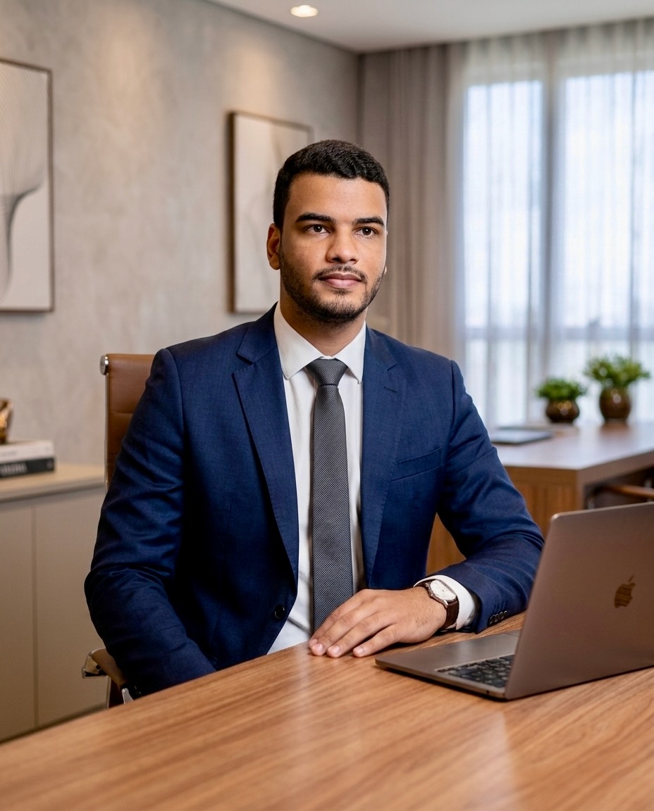 Benick Santana, advogado, sentado à mesa do escritório, de terno azul.